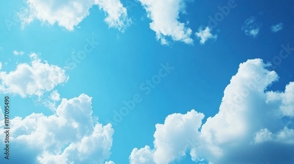 Fototapeta Bright blue sky with fluffy white clouds creating an open space for text or creative designs in a vibrant setting. Generative AI