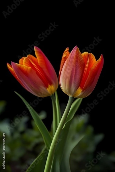 Obraz Two tulips, dancing in black background.