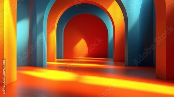 Fototapeta Vibrant Archway:  A mesmerizing display of vibrant blue, orange and red archways, bathed in the warm glow of sunlight.  The light creates a symphony of shadows.