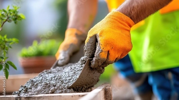 Fototapeta Construction worker expertly pouring concrete into formwork at site