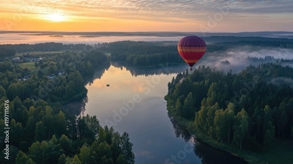Fototapeta A colorful hot air balloon floats gracefully above a calm river, surrounded by lush trees as the sun rises, illuminating the tranquil landscape