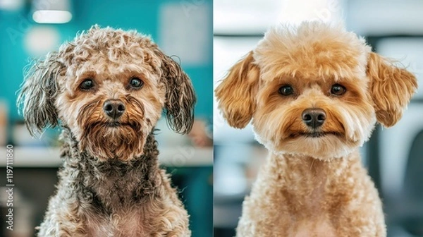 Fototapeta Before-and-after photo of a dog grooming session showing a fresh and clean transformation.