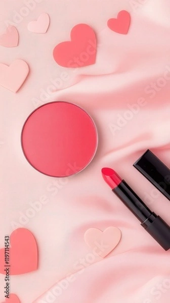 Fototapeta Flat lay of round blush and lipstick on soft pink fabric with decorative hearts for makeup and beauty themes