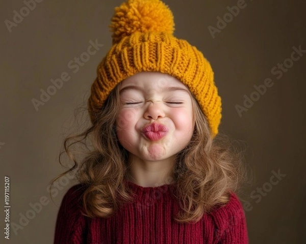 Fototapeta A happy little girl in a yellow beanie with a pom-pom, red sweater, and a funny expression with messy hair.
