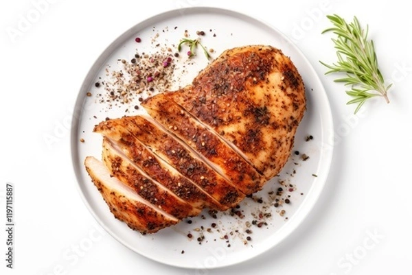 Fototapeta Grilled chicken breast with spices on white background