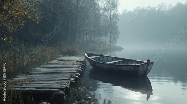 Fototapeta Misty lake, wooden boat, dock, autumn forest