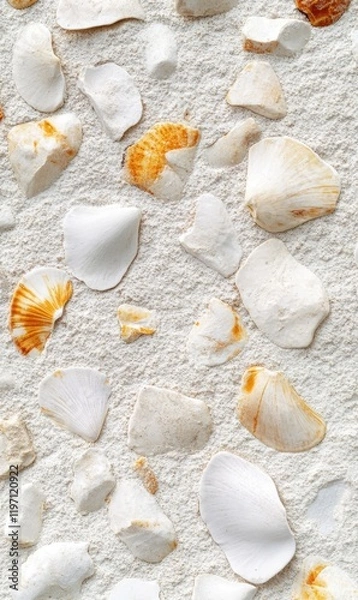 Fototapeta An overhead view of broken white and orange shells scattered across a bed of fine white sand