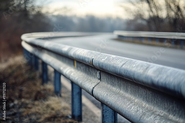 Fototapeta A curved metal guardrail lines the edge of a winding highway, surrounded by bare trees. The soft light of early morning casts a muted tone over the scene, suggesting a chilly atmosphere
