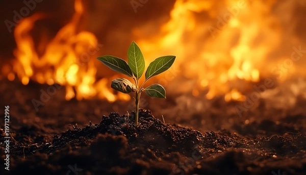 Fototapeta New plant sprouting from the soil, flames roaring in the backdrop, symbolizing the strength, endurance, and emergence of new beginnings against all odds