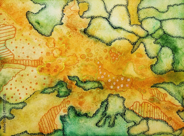 Fototapeta Watercolor of geologic patterns. The dabbing technique near the edges gives a soft focus effect due to the altered surface roughness of the paper.
