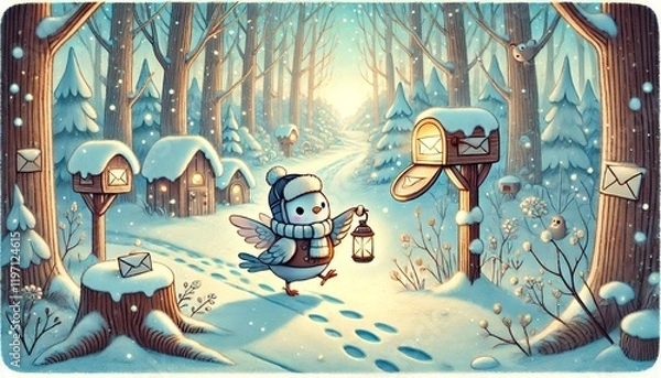 Fototapeta A Bird Mailman Delivering Magical Letters in a Sunny Snowy Forest Setting