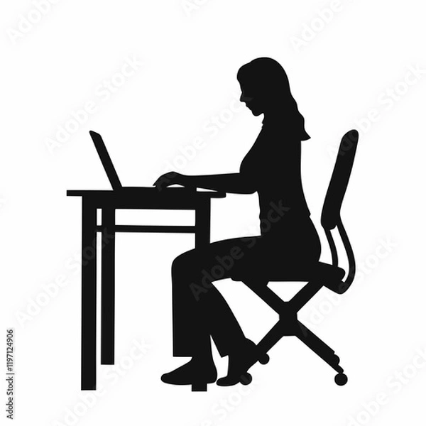 Obraz A woman is sitting at a desk with a laptop. She is wearing a black shirt and black pants