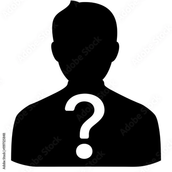 Fototapeta A man's head is shown with a question mark. The man is wearing a black shirt. The man's head is the only part of the man that is visible