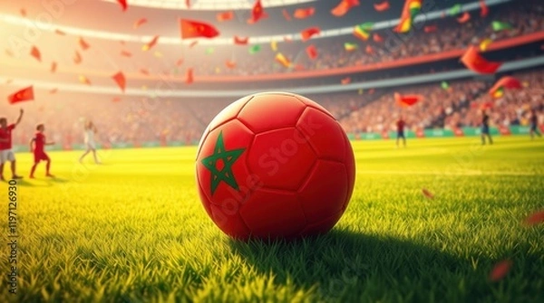 Obraz A vibrant red soccer ball adorned with the Moroccan flag  rests on vibrant green grass under a sunny 