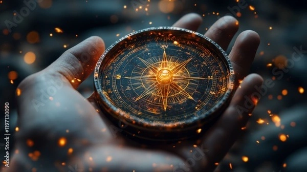 Fototapeta A hand holding a glowing compass, symbolizing guidance and purpose, decision making, direction, focused view, warm tones