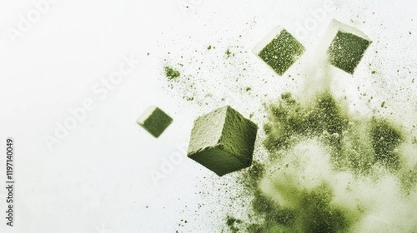 Fototapeta Green cubes of powder exploding into a cloud of dust, illustrating the freshness and intensity of natural food ingredients against a clean white backdrop