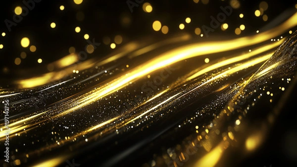 Fototapeta Golden light waves glittering sparkles abstract animated texture on black background 