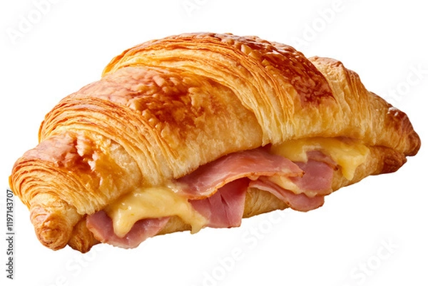 Fototapeta Golden French croissant filled with ham and cheese. Single image
