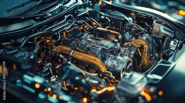 Fototapeta The complex and detailed electric car engine, with visible wiring and advanced components, representing the forefront of automotive technology and electric mobility