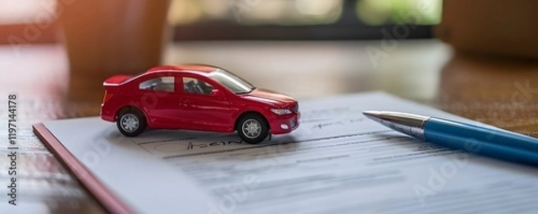Fototapeta A red toy car is sitting on top of a piece of paper