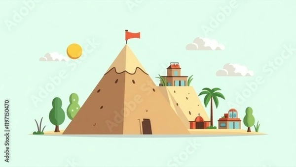 Fototapeta Desert brown pyramid with red flag and ancient temple tourists relaxing on sand near palm trees bright sunny day clear sky cartoon style perfect for travel, history, vacation, architecture background