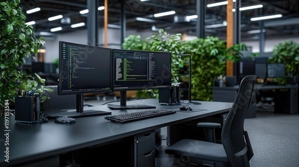 Obraz Modern Workspace Featuring Dual Monitors and Sleek Keyboard on Minimalist Desk Surrounded by Organized Office Supplies for Enhanced Productivity and Focus