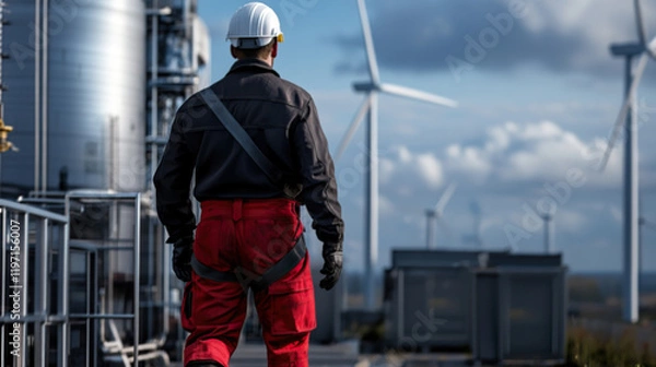 Fototapeta A worker in red and black work clothes, including a white hard hat and boots. He is walking on an outdoor industrial surface, with wind turbines visible in the distance