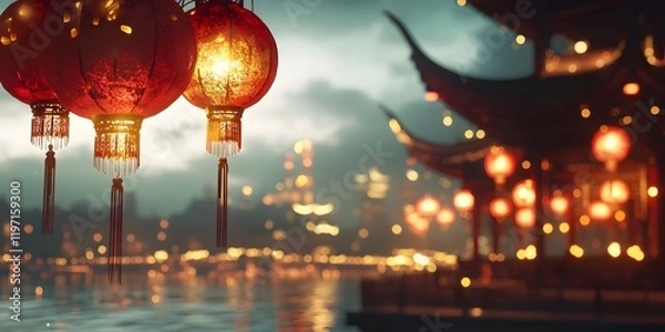 Fototapeta Chinese New Year background with lanterns and a river, 3D rendering illustration