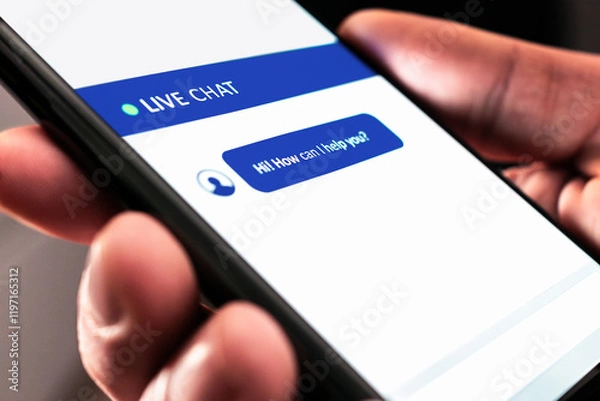 Fototapeta Live customer chat or chatbot service. Support bot for online help on website. Automated message in mobile phone. Assistant and communication app on cell screen. Digital care or feedback for business.