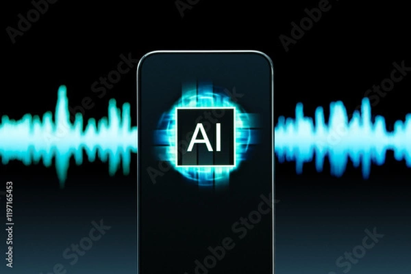 Obraz AI deep fake or voice. Translate speech and language. Music or sound generator. Deepfake or audio clone scam. Artificial intelligence technology in phone app. Talk recognition robot. Wave background.