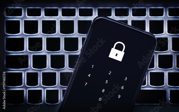 Fototapeta Data privacy in phone with password code. Smartphone on laptop keyboard. Lock to protect personal bank from hacker, cyber fraud or online scam. Protection with 2fa verification. Pin number.