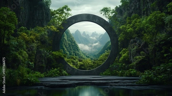 Obraz Enchanting Circular Window Framed by Lush Green Forest Trees Allowing Natural Light to Flood into the Serene Woodland Landscape Creating Tranquility