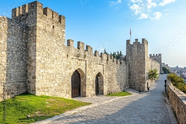 Fototapeta Stone wall with turrets, arches, and bricked road.