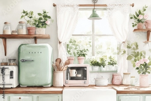 Fototapeta A dreamy watercolor depiction of a cozy retro kitchen, featuring a pastel-colored fridge, lace curtains, and sunlight filtering through the windows