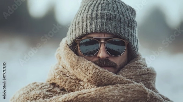 Fototapeta A mysterious figure, wrapped in layers of cozy winter clothing, hides their identity behind a stylish hat and dark sunglasses.