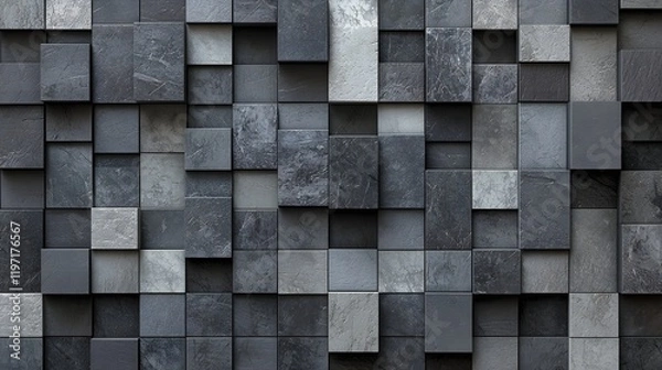 Fototapeta 3D cubist pattern on a wall in varying shades of gray and black, offering a modern and artistic texture.