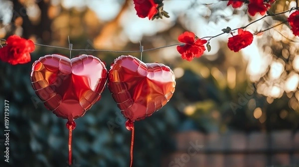 Fototapeta Valentine's Day background with heart-shaped balloons and confetti, cityscape in the blurred background, copy space for text, banner design