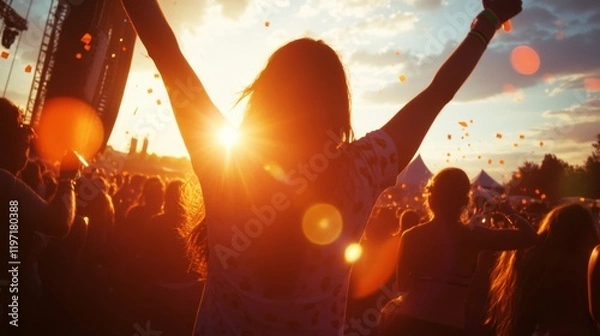 Obraz A silhouetted person with raised arms enjoys a music festival, bathed in warm sunset light surrounded by a crowd and festive atmosphere.