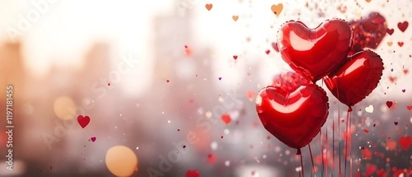Fototapeta Valentine's Day background with heart-shaped balloons and confetti, cityscape in the blurred background, copy space for text, banner design