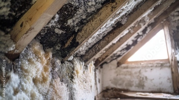 Obraz Severe Mold Damage in Attic Highlights Urgent Need for Home Repair and Moisture Control Solutions