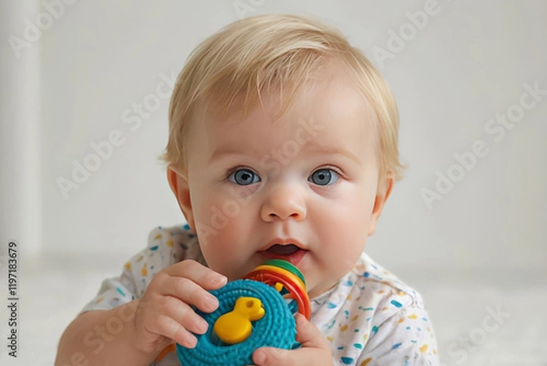 Fototapeta Portrait of a blond baby with a bright rattle in his hands