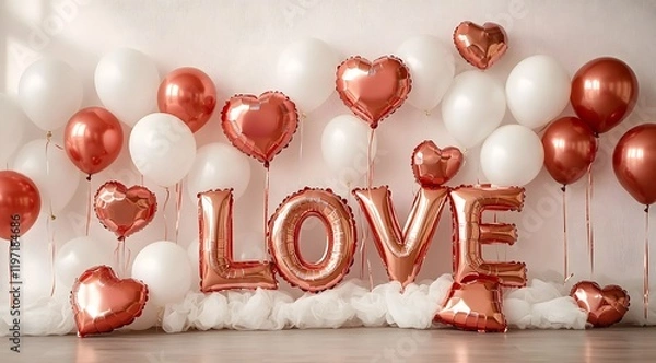 Fototapeta A wall with Valentine's Day balloons and balloon letters that spell "LOVE," front view, photography studio backdrop for a photo shoot	