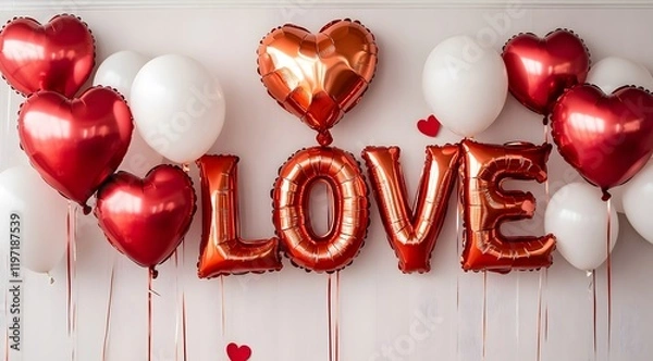 Fototapeta A wall with Valentine's Day balloons and balloon letters that spell "LOVE," front view, photography studio backdrop for a photo shoot	