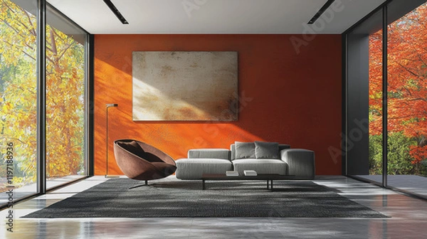 Fototapeta Spacious living room featuring a large window allowing natural light to fill the room furnished with a comfortable couch creating a cozy and inviting atmosphere for relaxation