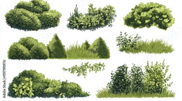 Fototapeta Illustrations of various green plants, including grass and bushes, highlighting their diverse textures and shapes, perfect for nature and landscape themes.