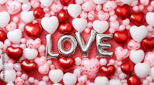 Fototapeta A wall with Valentine's Day balloons and balloon letters that spell "LOVE," front view, photography studio backdrop for a photo shoot	