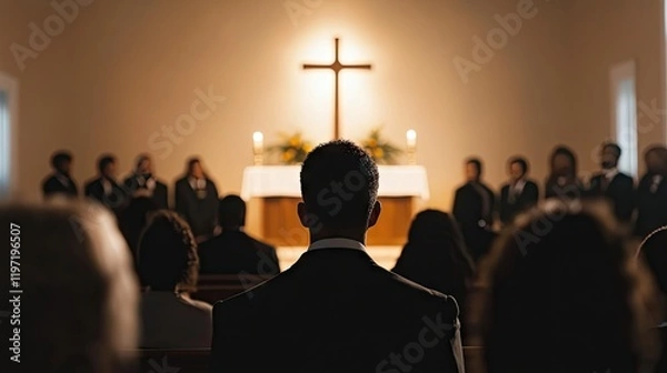Fototapeta A close-up of a pastor delivering a sermon during Easter Sunday service, with a cross prominently displayed on the altar and churchgoers listening attentively.