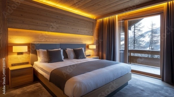Fototapeta Modern bedroom interior with elegant wood paneling and warm, ambient lighting, creating a cozy and stylish atmosphere.