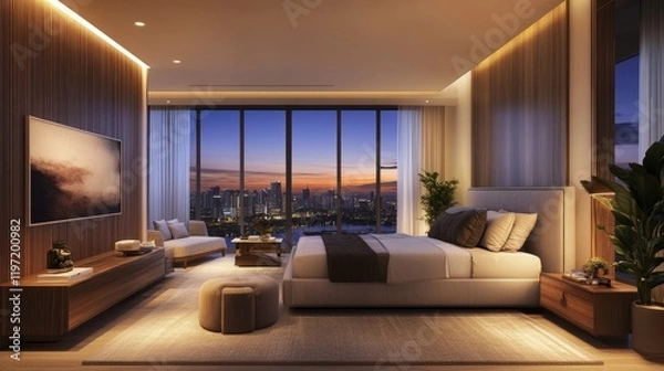 Fototapeta Modern bedroom with warm lighting and wood paneling, creating a harmonious blend of natural textures and sleek design