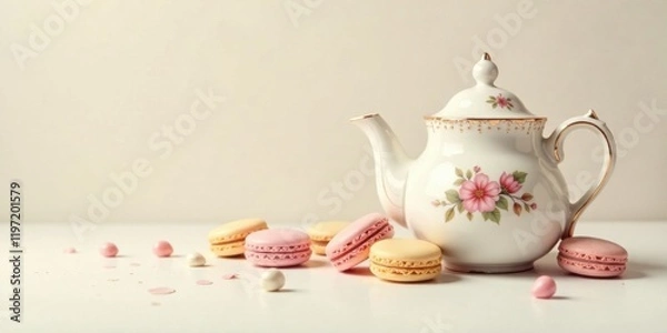 Fototapeta A delicate porcelain teapot with floral design sits beside an assortment of pastel macarons and small decorative candies, creating a charming and elegant tea time scene.